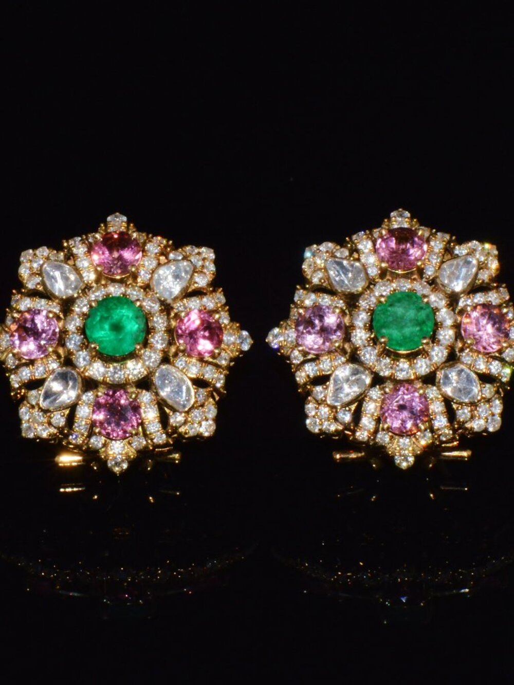 Natural 4.89CTS Diamond, Emerald & Pink Tourmaline 18K Gold Floral Earrings